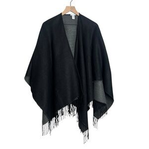J. Jill Open Shawl Wrap Cape Black Gray Fringe Boho One Size